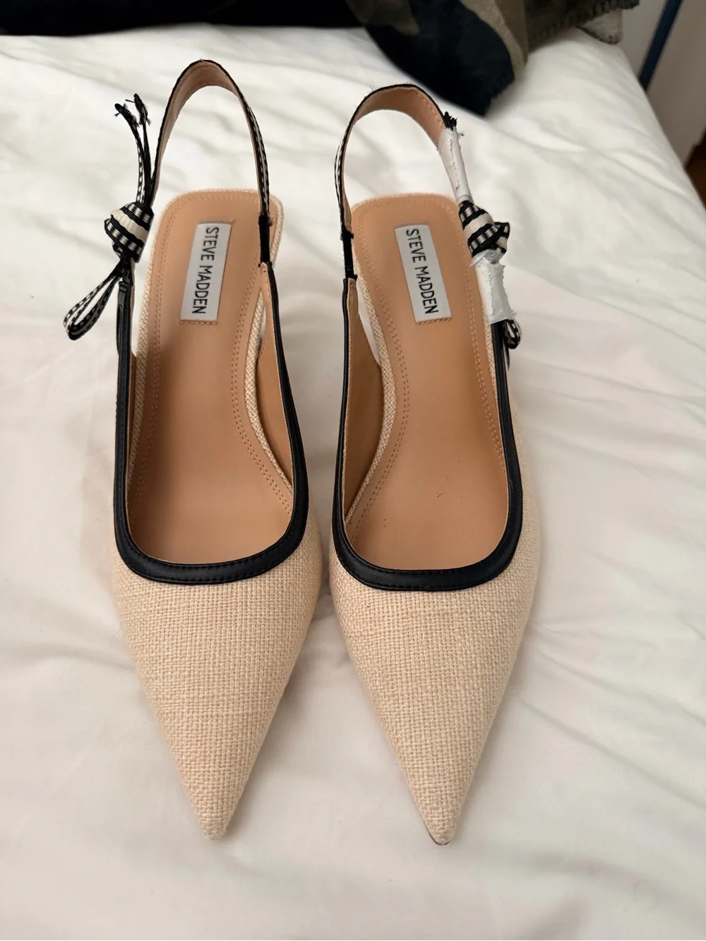 Steve Madden Cream and Black Slingback Pointed Kitten Heels